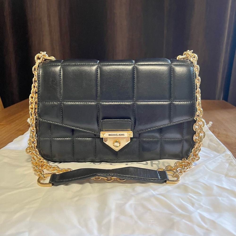 Michael Kors Quilted Black Leather Bag with Gold Chain